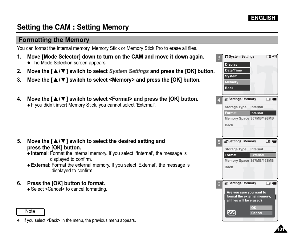 Formatting the memory, Press the [ok] button to format | Samsung VP-X110L User Manual | Page 101 / 140