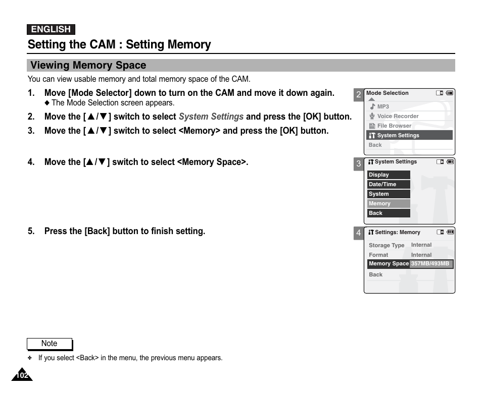 Viewing memory space | Samsung VP-X110L User Manual | Page 102 / 140