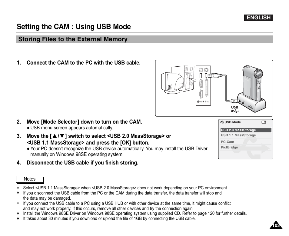 Using usb mode, Storing files to the external memory, Setting the cam : using usb mode | Samsung VP-X110L User Manual | Page 103 / 140