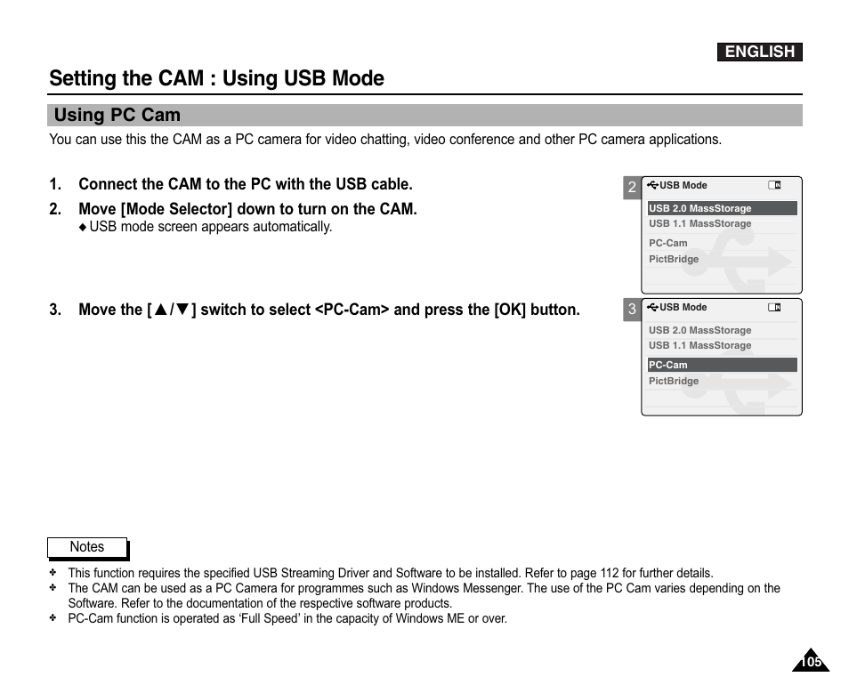 Using pc cam, Setting the cam : using usb mode | Samsung VP-X110L User Manual | Page 105 / 140