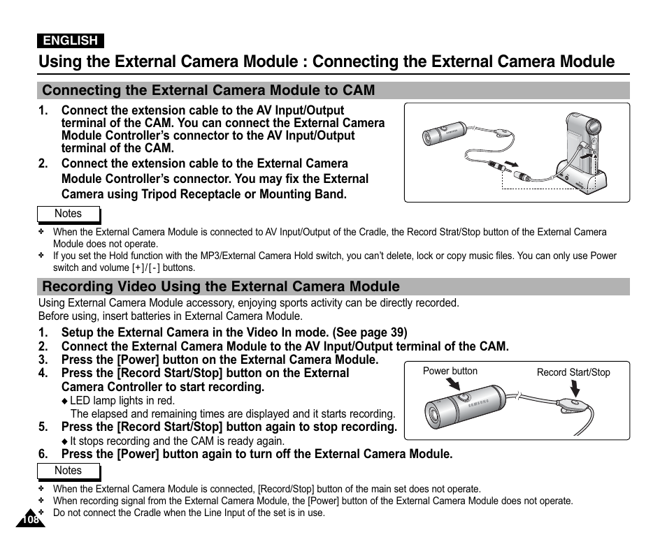 Connecting the external camera module, Connecting the external camera module to cam, Recording video using the external camera module | Samsung VP-X110L User Manual | Page 108 / 140