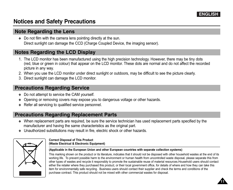 Notes regarding the lens, Notes regarding the lcd display, Precautions regarding service | Precautions regarding replacement parts, Notices and safety precautions | Samsung VP-X110L User Manual | Page 11 / 140