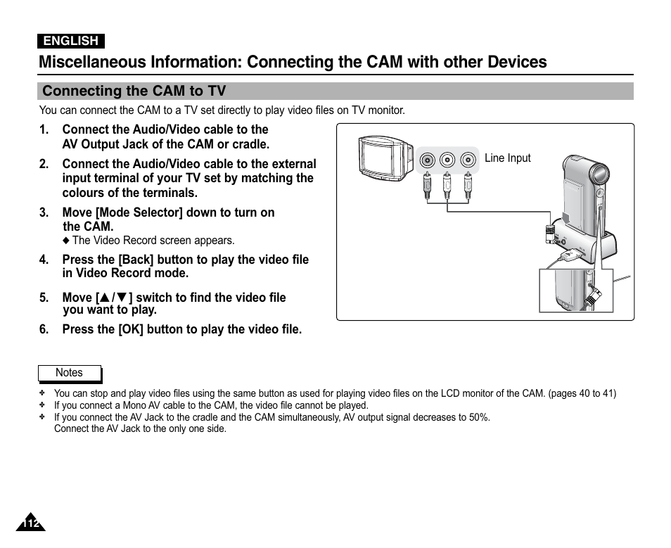 Connecting the cam with other devices, Connecting the cam to tv | Samsung VP-X110L User Manual | Page 112 / 140