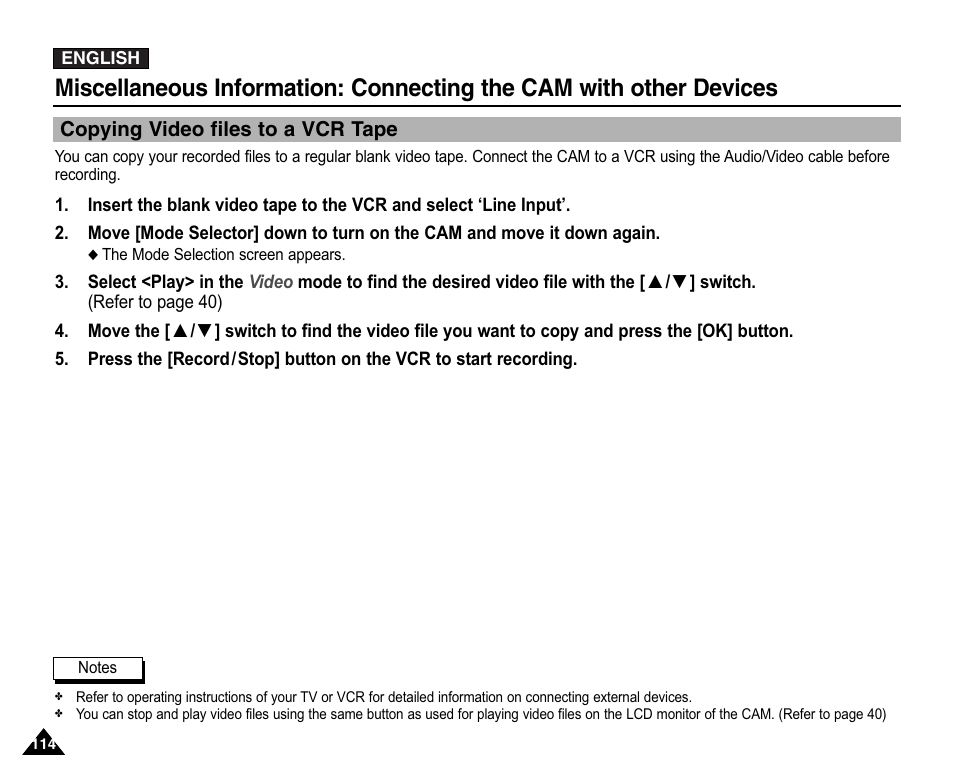 Copying video files to a vcr tape | Samsung VP-X110L User Manual | Page 114 / 140