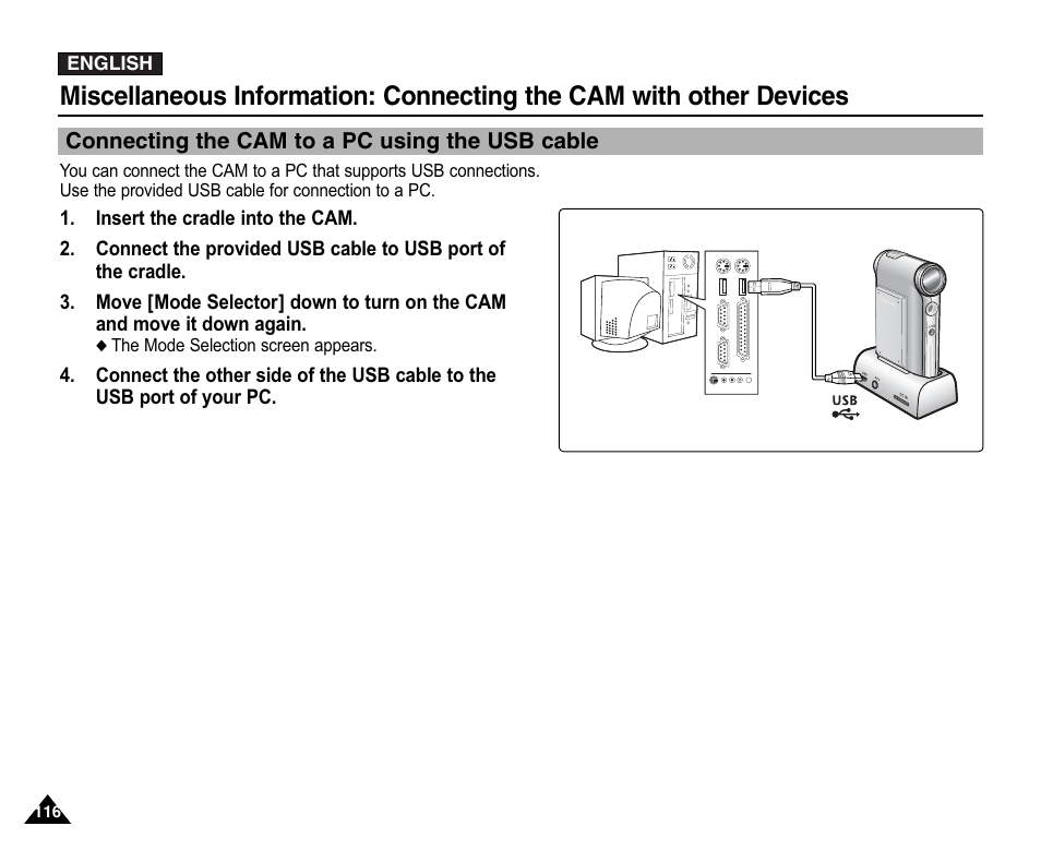 Connecting the cam to a pc using the usb cable | Samsung VP-X110L User Manual | Page 116 / 140