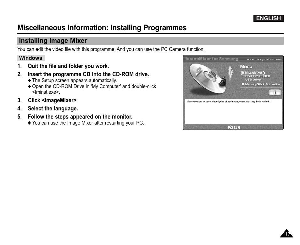 Installing programmes, Installing image mixer, Miscellaneous information: installing programmes | Samsung VP-X110L User Manual | Page 117 / 140