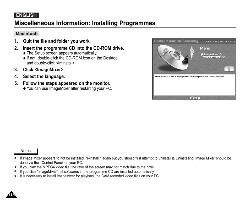 Miscellaneous information: installing programmes | Samsung VP-X110L User Manual | Page 118 / 140