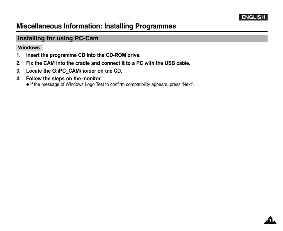 Installing for using pc-cam, Miscellaneous information: installing programmes | Samsung VP-X110L User Manual | Page 119 / 140