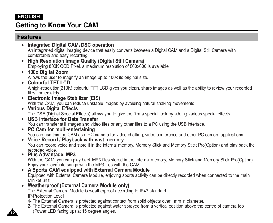 Getting to know your cam, Features | Samsung VP-X110L User Manual | Page 12 / 140