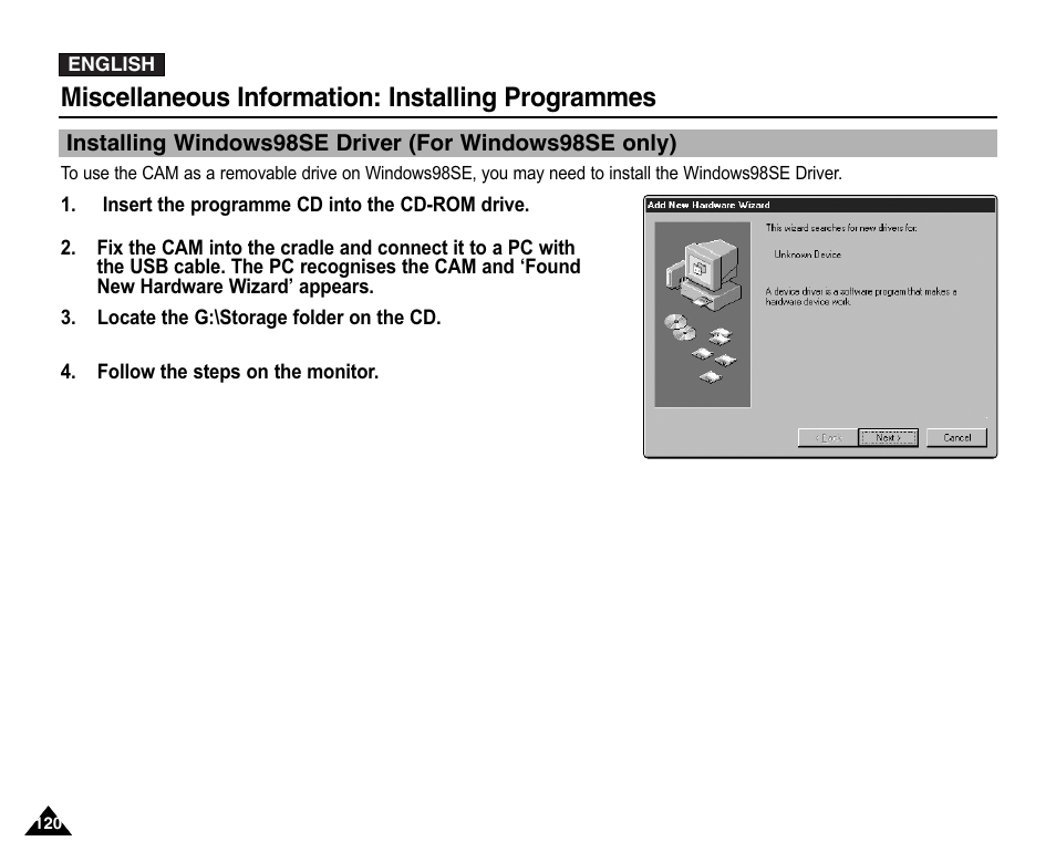 Miscellaneous information: installing programmes | Samsung VP-X110L User Manual | Page 120 / 140