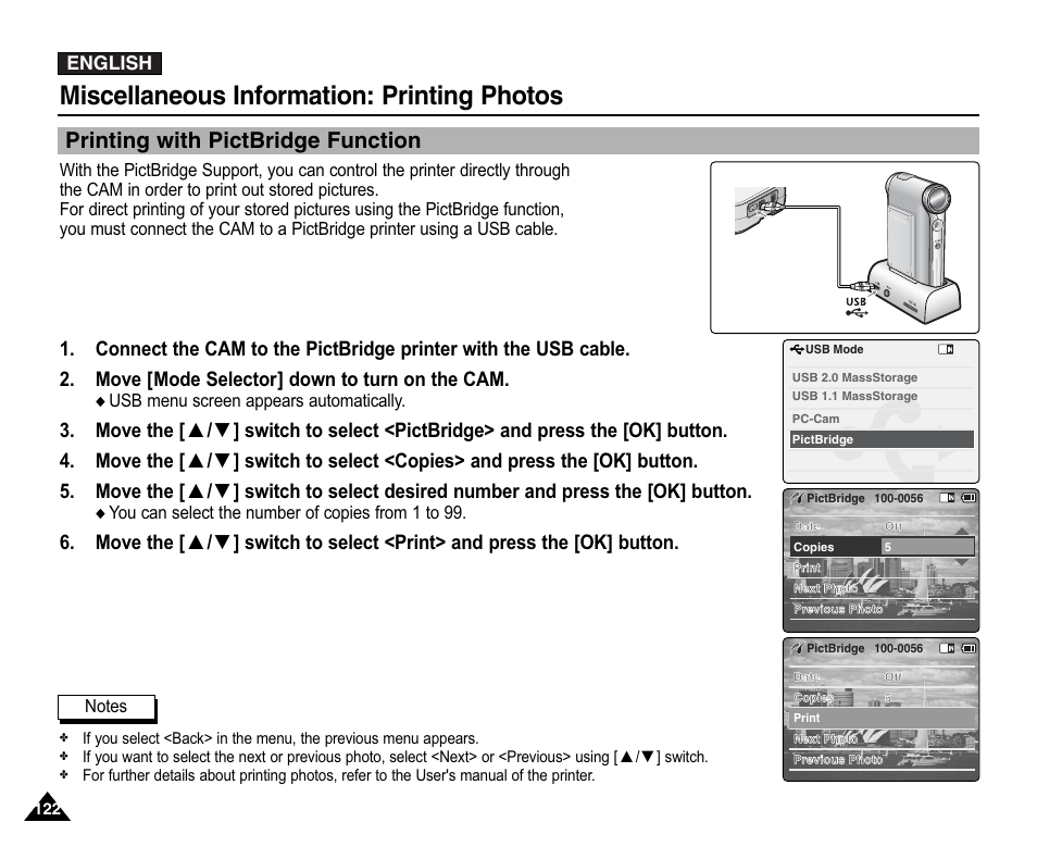 Printing photos, Printing with pictbridge function, Miscellaneous information: printing photos | Samsung VP-X110L User Manual | Page 122 / 140