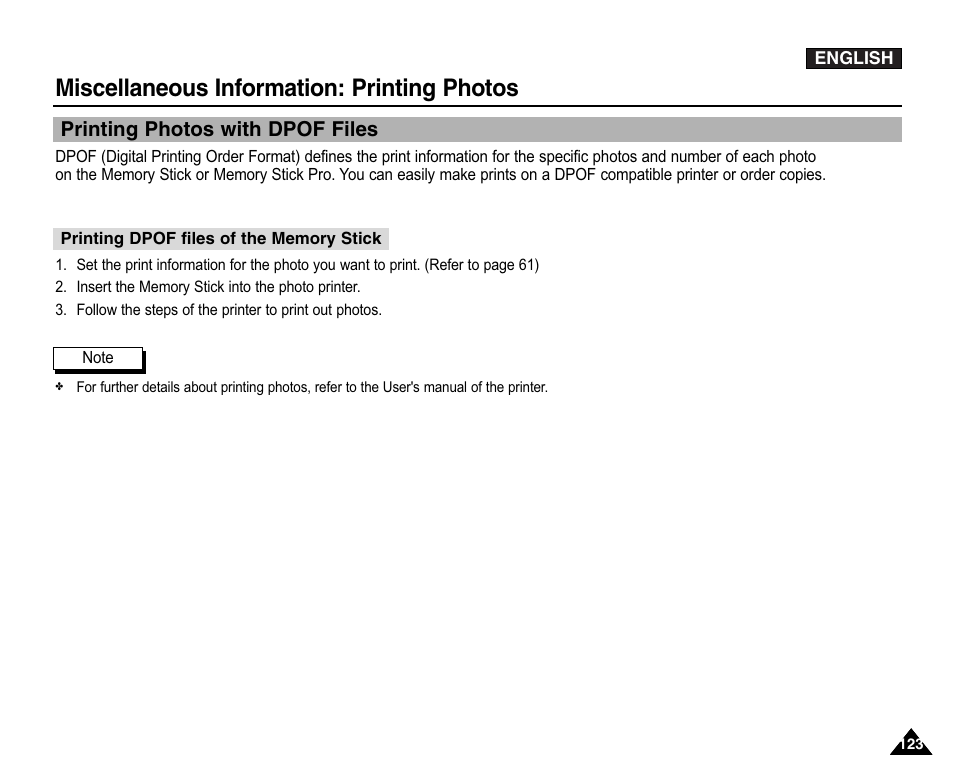 Printing photos with dpof files, Miscellaneous information: printing photos | Samsung VP-X110L User Manual | Page 123 / 140