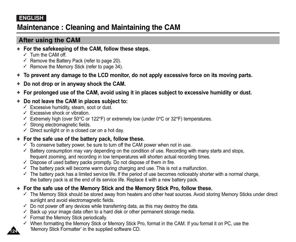 Maintenance, Cleaning and maintaining the cam, After using the cam | Maintenance : cleaning and maintaining the cam | Samsung VP-X110L User Manual | Page 124 / 140