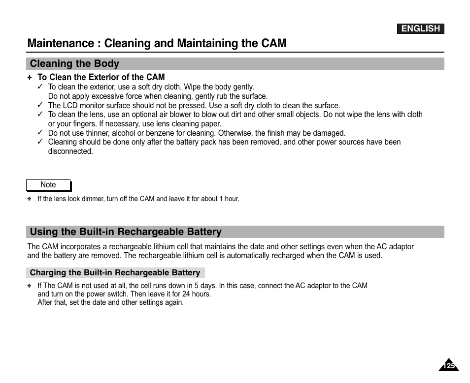 Cleaning the body, Using the built-in rechargeable battery, Maintenance : cleaning and maintaining the cam | Samsung VP-X110L User Manual | Page 125 / 140