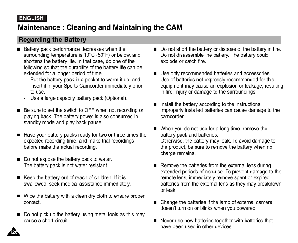 Regarding the battery, Maintenance : cleaning and maintaining the cam | Samsung VP-X110L User Manual | Page 126 / 140