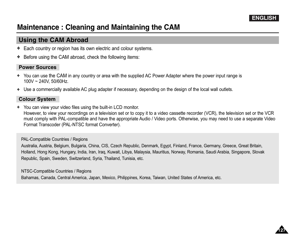 Using the cam abroad, Maintenance : cleaning and maintaining the cam | Samsung VP-X110L User Manual | Page 127 / 140