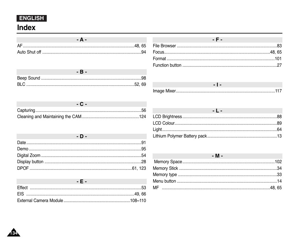 Index | Samsung VP-X110L User Manual | Page 134 / 140