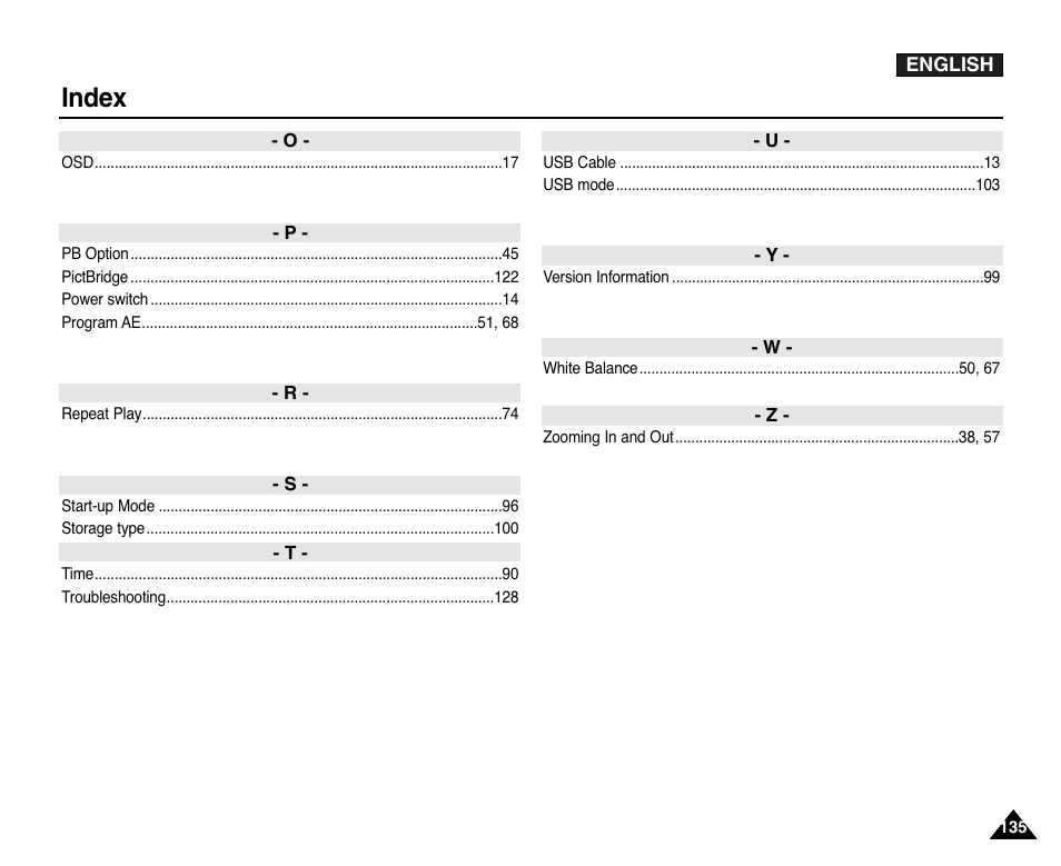 Index | Samsung VP-X110L User Manual | Page 135 / 140