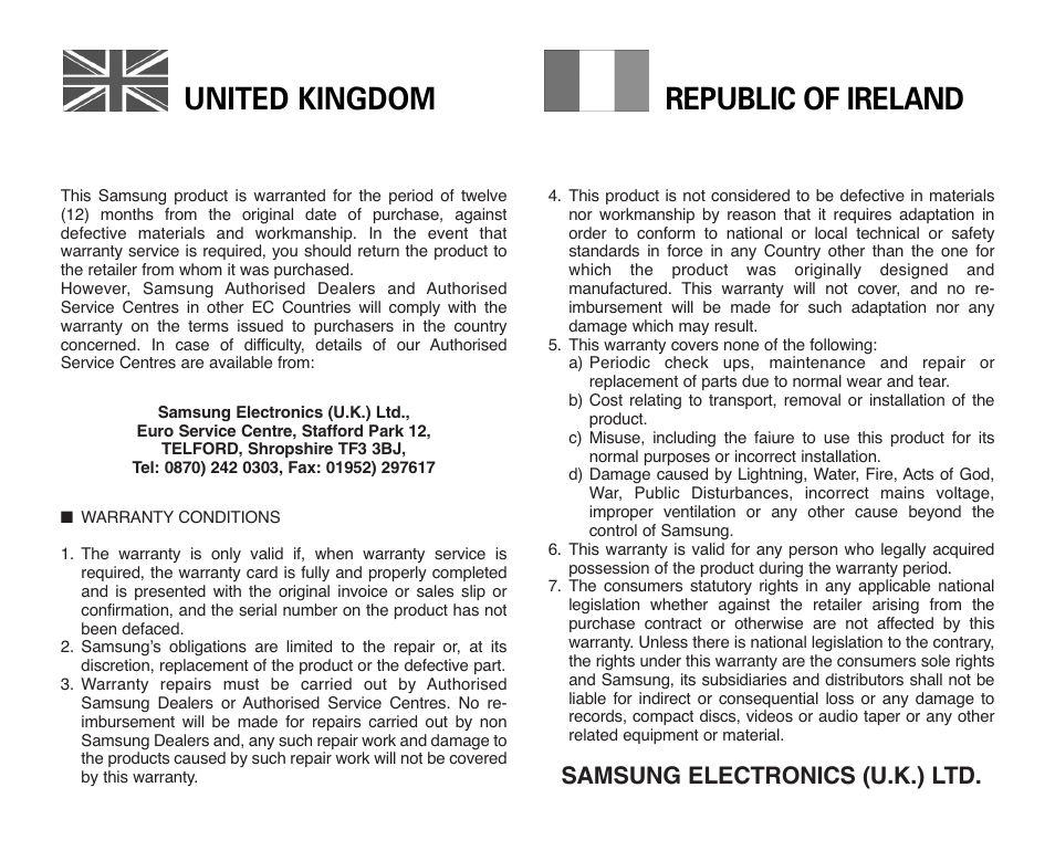 United kingdom republic of ireland, Samsung electronics (u.k.) ltd | Samsung VP-X110L User Manual | Page 137 / 140