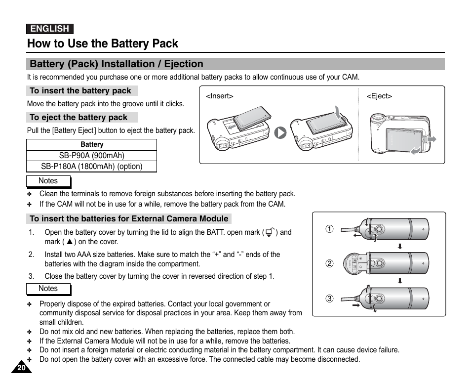 How to use the battery pack, Battery pack installation /ejection, Battery (pack) installation / ejection | Samsung VP-X110L User Manual | Page 20 / 140