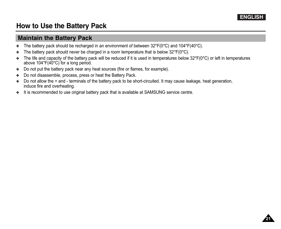 Maintain the battery pack, How to use the battery pack | Samsung VP-X110L User Manual | Page 21 / 140