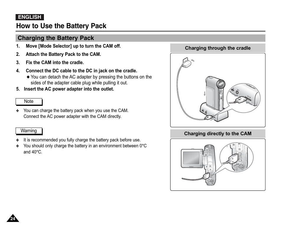 Charging the battery pack, How to use the battery pack | Samsung VP-X110L User Manual | Page 24 / 140