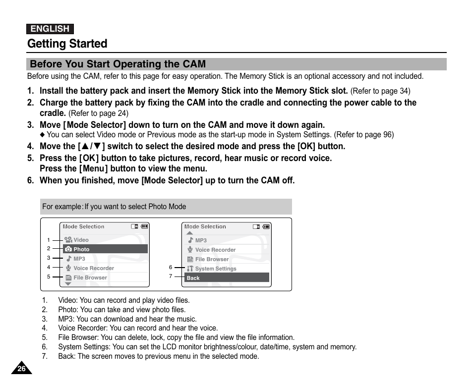 Before you start operating the cam, Getting started | Samsung VP-X110L User Manual | Page 26 / 140