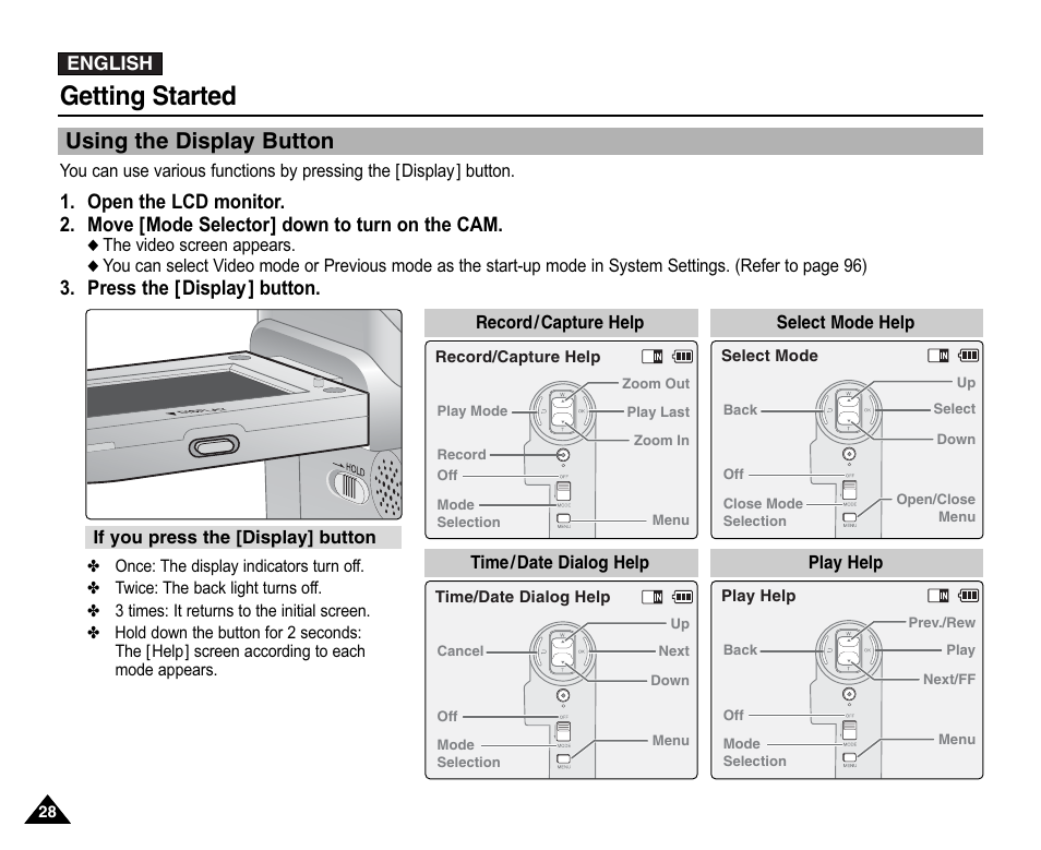 Using the display button, Getting started, Press the [display] button | Samsung VP-X110L User Manual | Page 28 / 140