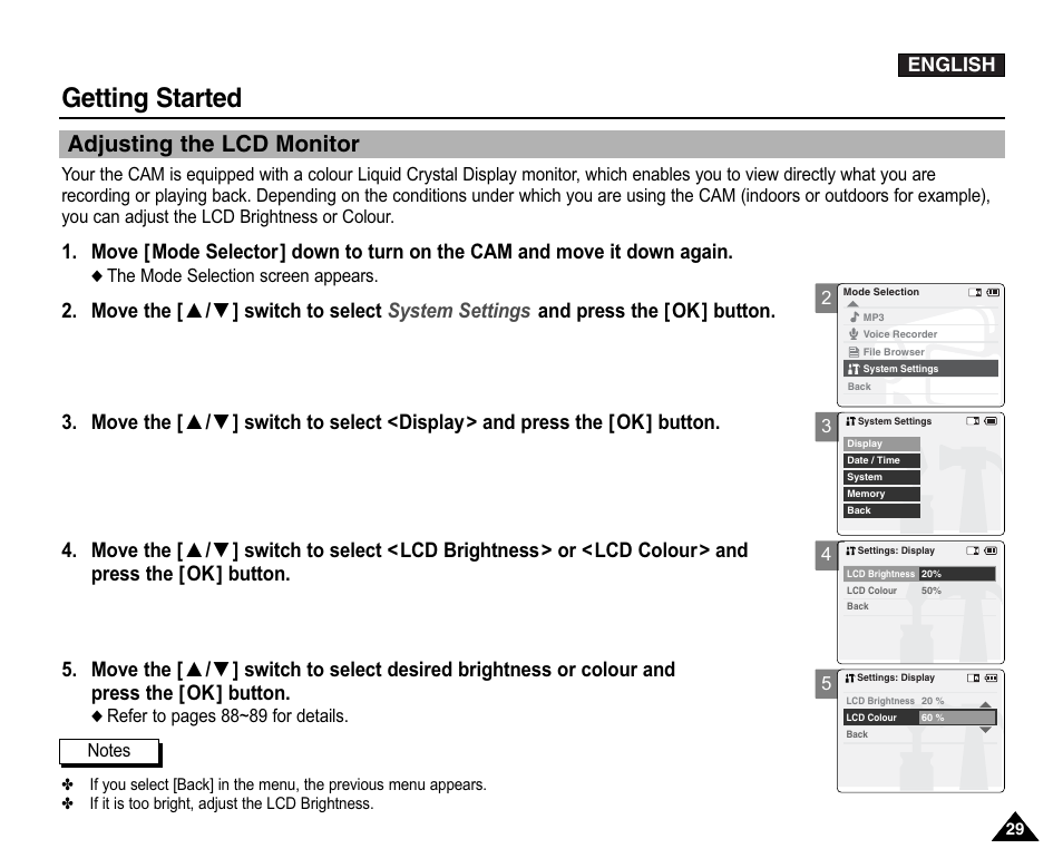 Adjusting the lcd monitor, Getting started, English | Samsung VP-X110L User Manual | Page 29 / 140