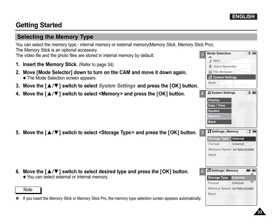 Selecting the memory type, Getting started | Samsung VP-X110L User Manual | Page 33 / 140