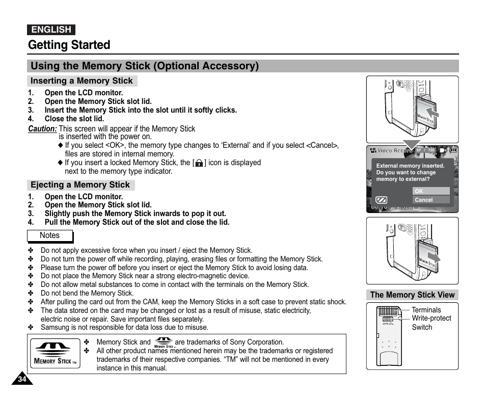 Using the memory stick (optional accessory), Getting started | Samsung VP-X110L User Manual | Page 34 / 140