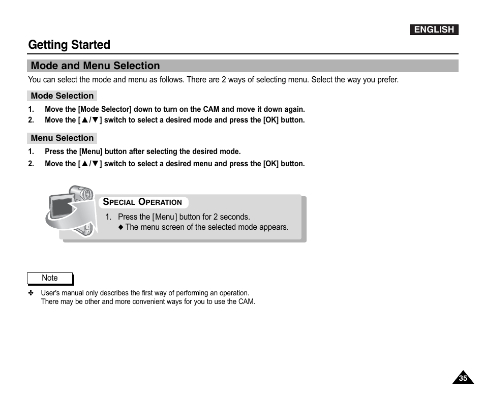 Mode and menu selection, Getting started | Samsung VP-X110L User Manual | Page 35 / 140