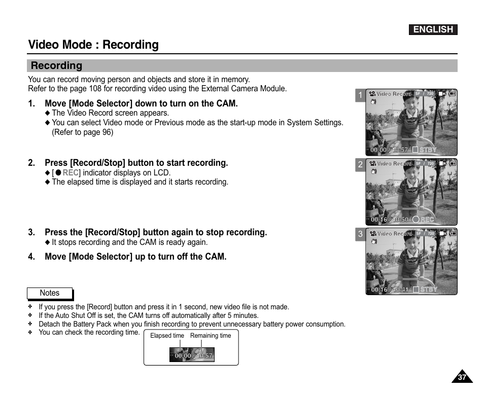 Recording, Video mode : recording, Move [mode selector] down to turn on the cam | Press [record/stop] button to start recording, Move [mode selector] up to turn off the cam | Samsung VP-X110L User Manual | Page 37 / 140