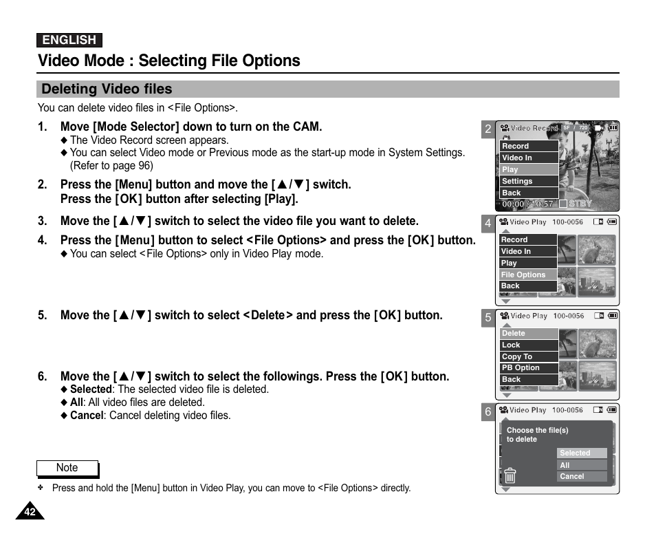 Selecting file options, Deleting video files, Video mode : selecting file options | Move [mode selector] down to turn on the cam | Samsung VP-X110L User Manual | Page 42 / 140