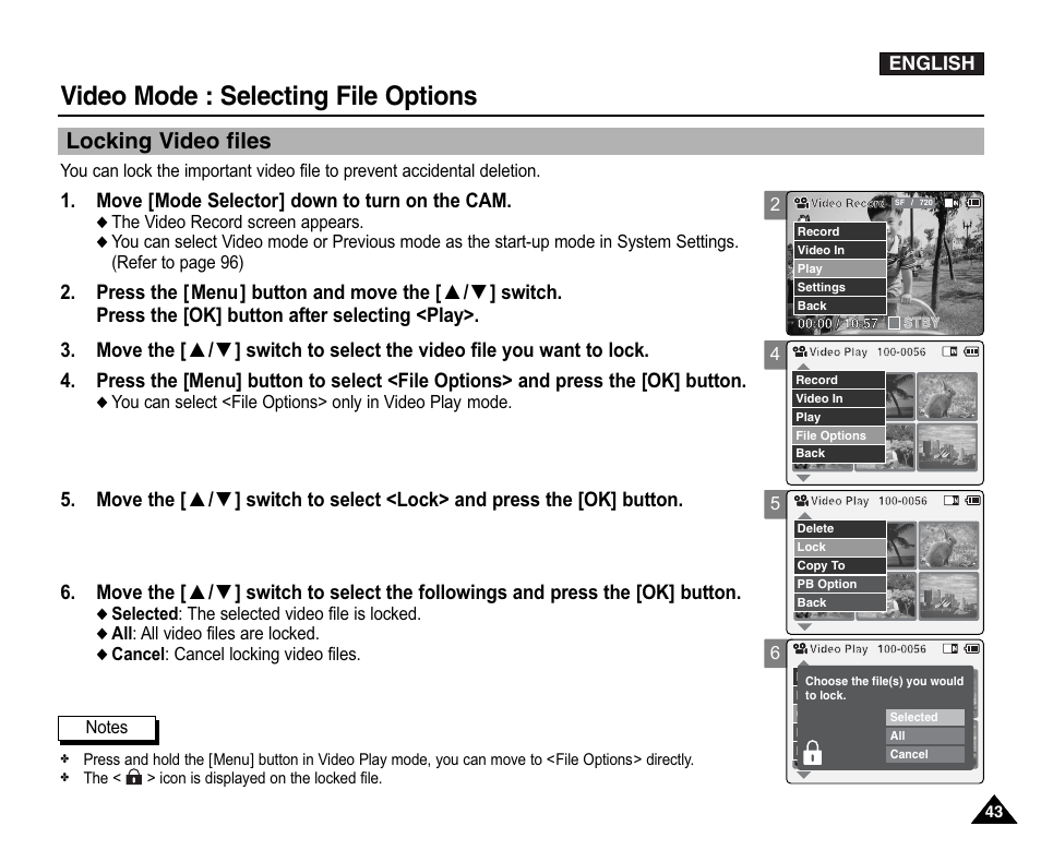 Locking video files, Video mode : selecting file options, Move [mode selector] down to turn on the cam | Samsung VP-X110L User Manual | Page 43 / 140