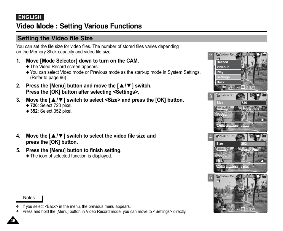 Setting various functions, Setting the video file size, Video mode : setting various functions | Move [mode selector] down to turn on the cam, English | Samsung VP-X110L User Manual | Page 46 / 140