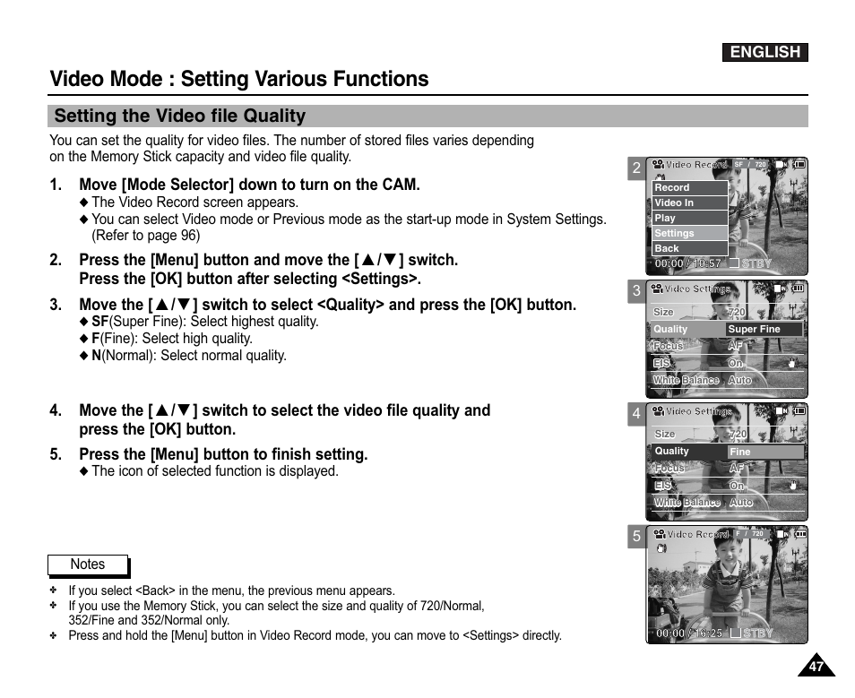 Setting the video file quality, Video mode : setting various functions, Move [mode selector] down to turn on the cam | English | Samsung VP-X110L User Manual | Page 47 / 140