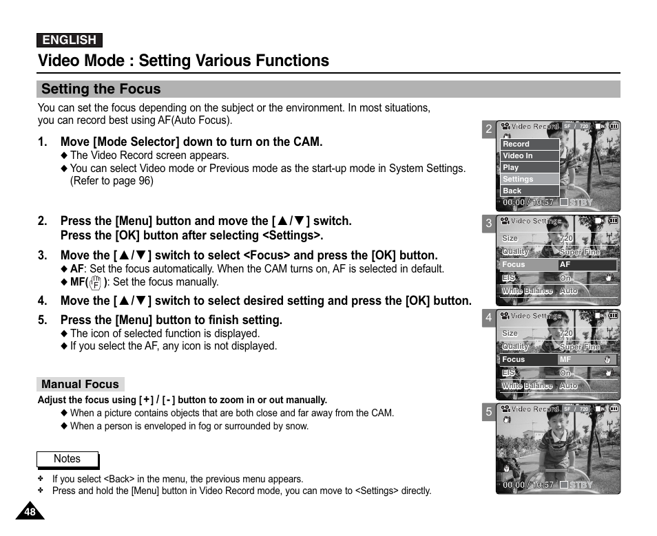 Setting the focus, Video mode : setting various functions, Move [mode selector] down to turn on the cam | English | Samsung VP-X110L User Manual | Page 48 / 140