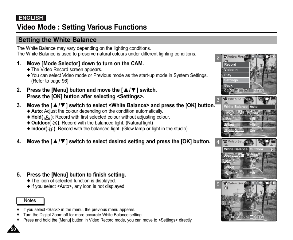 Setting the white balance, Video mode : setting various functions, Move [mode selector] down to turn on the cam | English | Samsung VP-X110L User Manual | Page 50 / 140