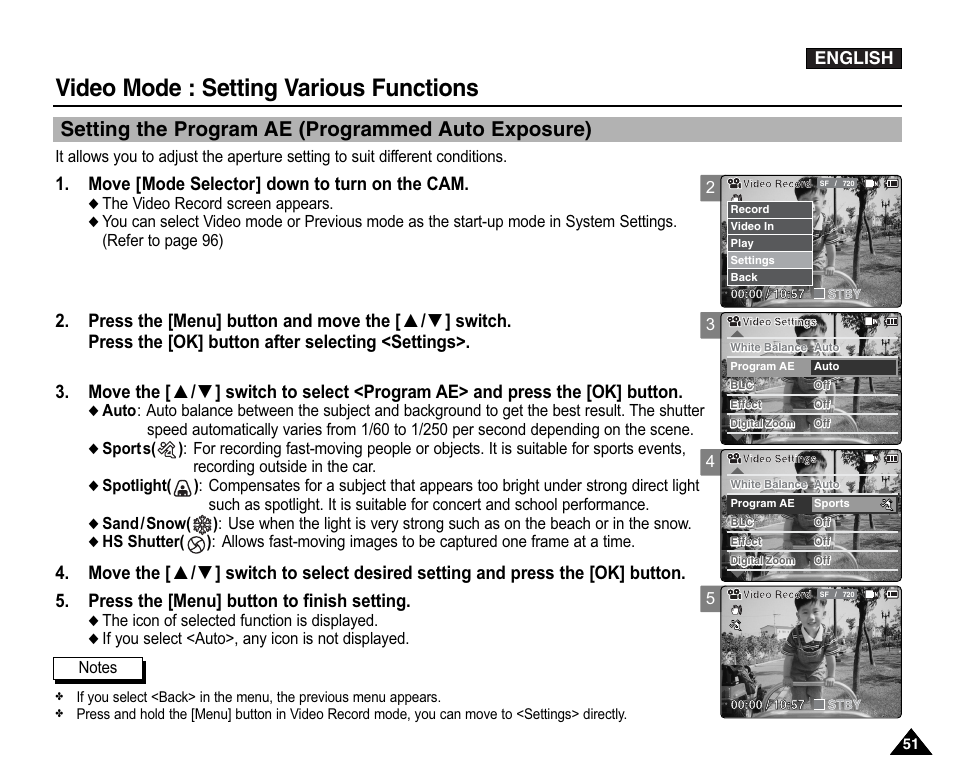 Setting the program ae (programmed auto exposure), Video mode : setting various functions, Move [mode selector] down to turn on the cam | English | Samsung VP-X110L User Manual | Page 51 / 140