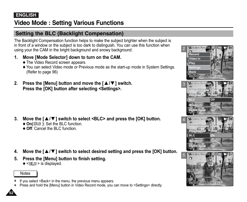 Setting the blc (backlight compensation), Video mode : setting various functions, Move [mode selector] down to turn on the cam | English | Samsung VP-X110L User Manual | Page 52 / 140