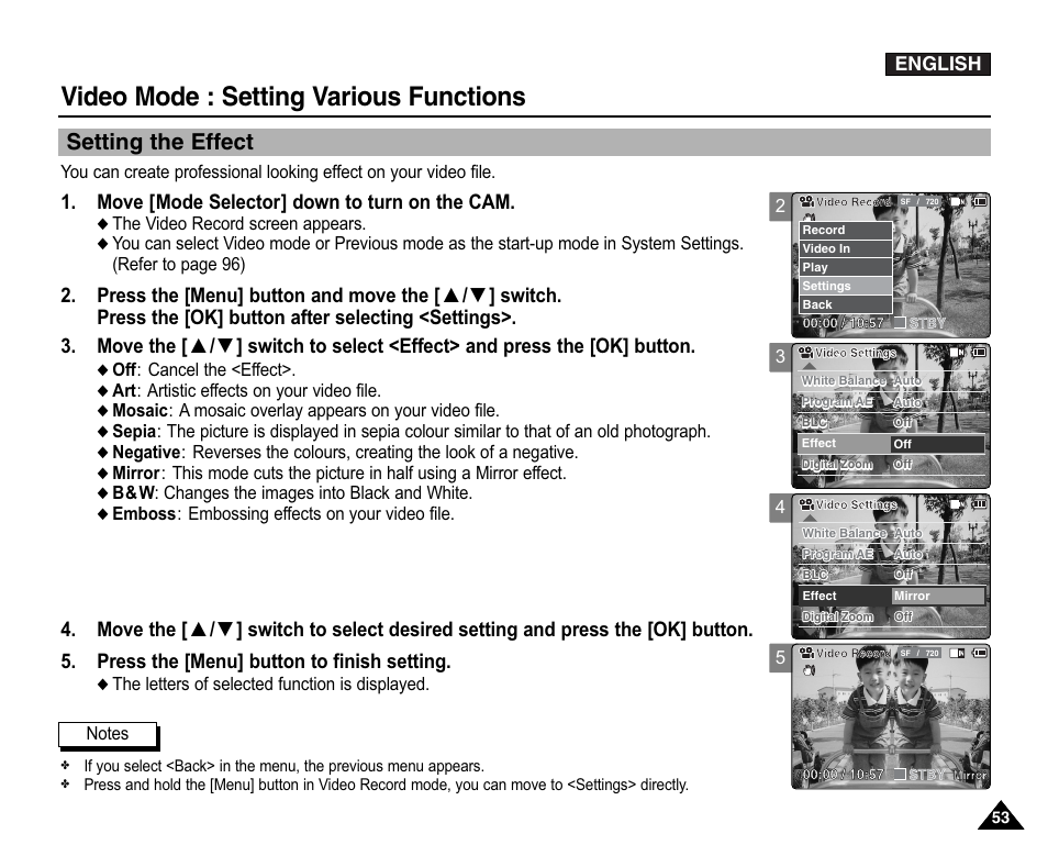 Setting the effect, Video mode : setting various functions, Move [mode selector] down to turn on the cam | English | Samsung VP-X110L User Manual | Page 53 / 140