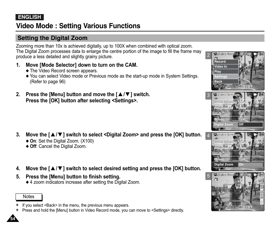 Setting the digital zoom, Video mode : setting various functions, Move [mode selector] down to turn on the cam | English | Samsung VP-X110L User Manual | Page 54 / 140