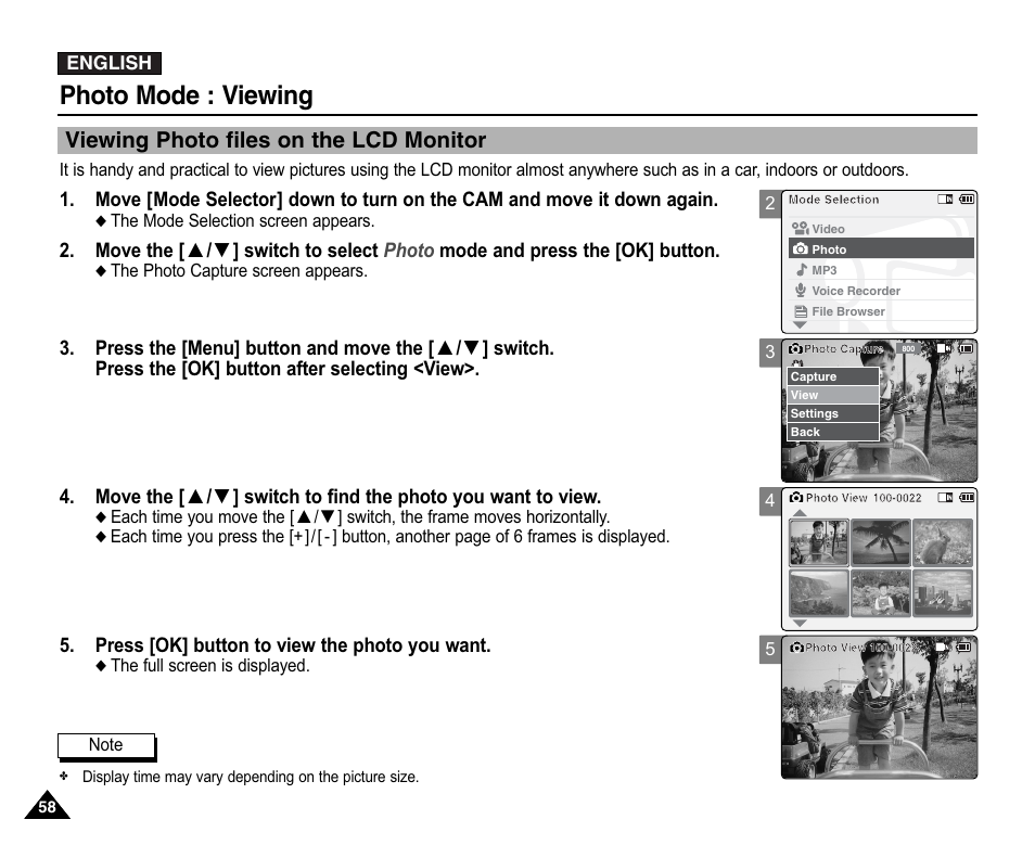 Viewing, Viewing photo files on the lcd monitor, Photo mode : viewing | Samsung VP-X110L User Manual | Page 58 / 140