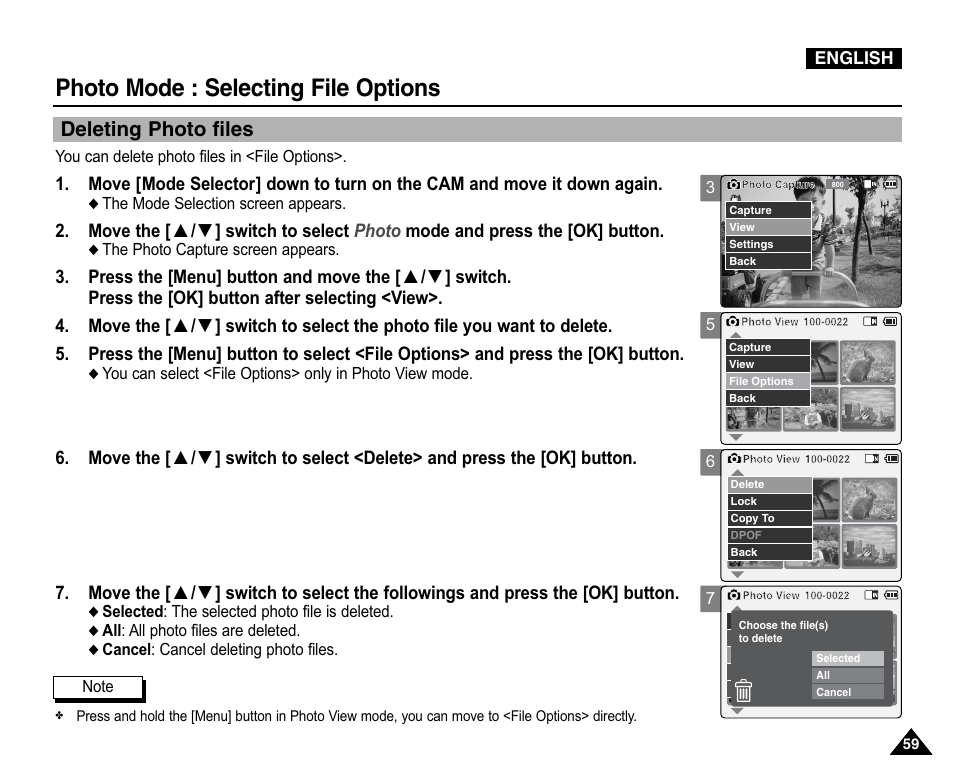 Selecting file options, Deleting photo files, Photo mode : selecting file options | Samsung VP-X110L User Manual | Page 59 / 140