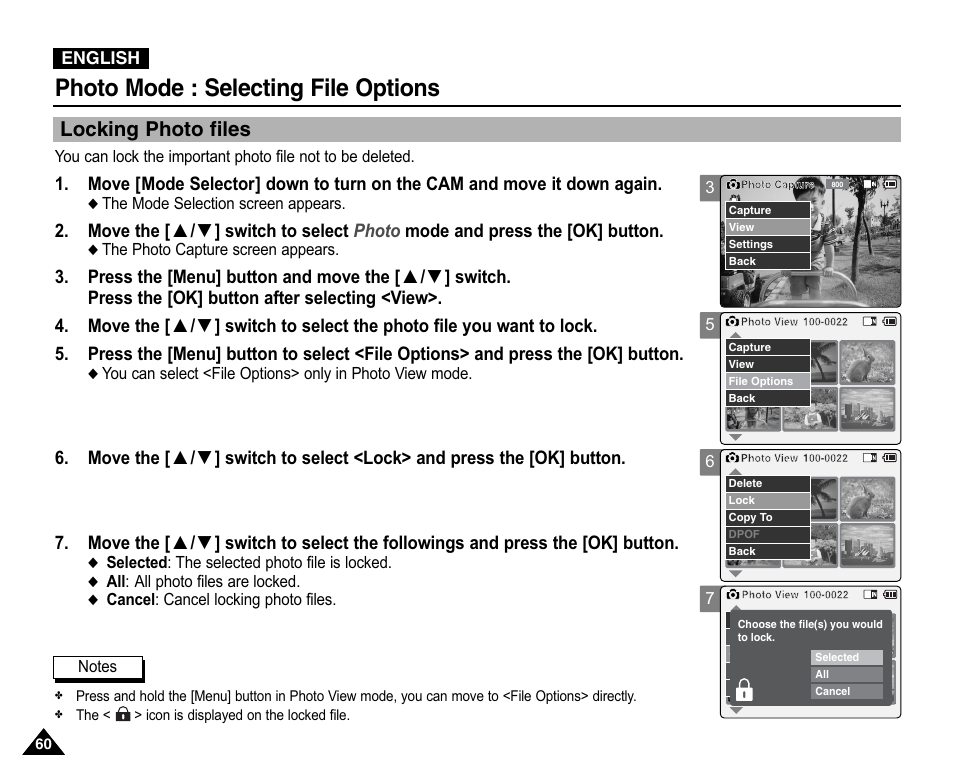 Locking photo files, Photo mode : selecting file options | Samsung VP-X110L User Manual | Page 60 / 140