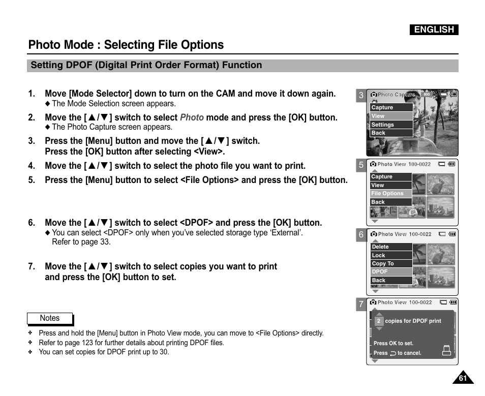 Setting dpof(digital print order format) function, Photo mode : selecting file options | Samsung VP-X110L User Manual | Page 61 / 140