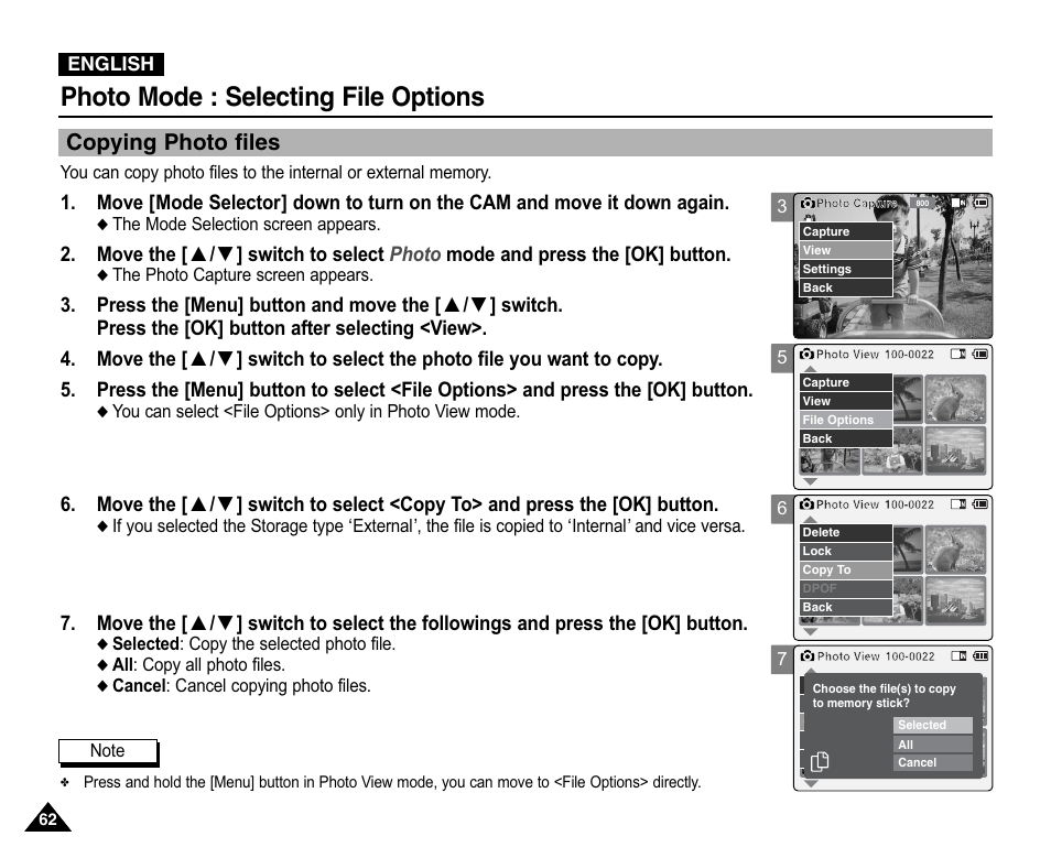 Copying photo files, Photo mode : selecting file options | Samsung VP-X110L User Manual | Page 62 / 140