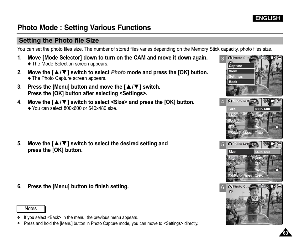 Setting various functions, Setting the photo file size, Photo mode : setting various functions | Samsung VP-X110L User Manual | Page 63 / 140