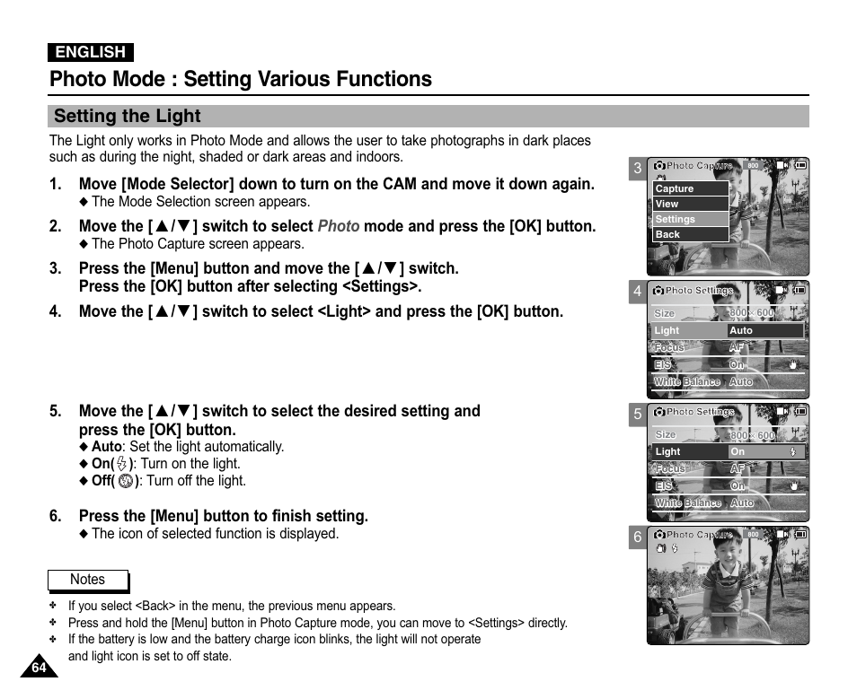 Setting the light, Photo mode : setting various functions, Press the [menu] button to finish setting | English | Samsung VP-X110L User Manual | Page 64 / 140